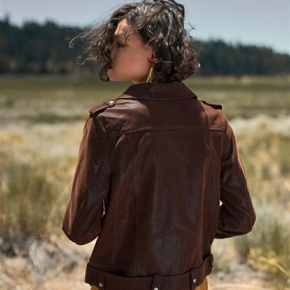Brown Faux Suede Edgy Belted Hem Biker Jacket - Picture 2 of 5